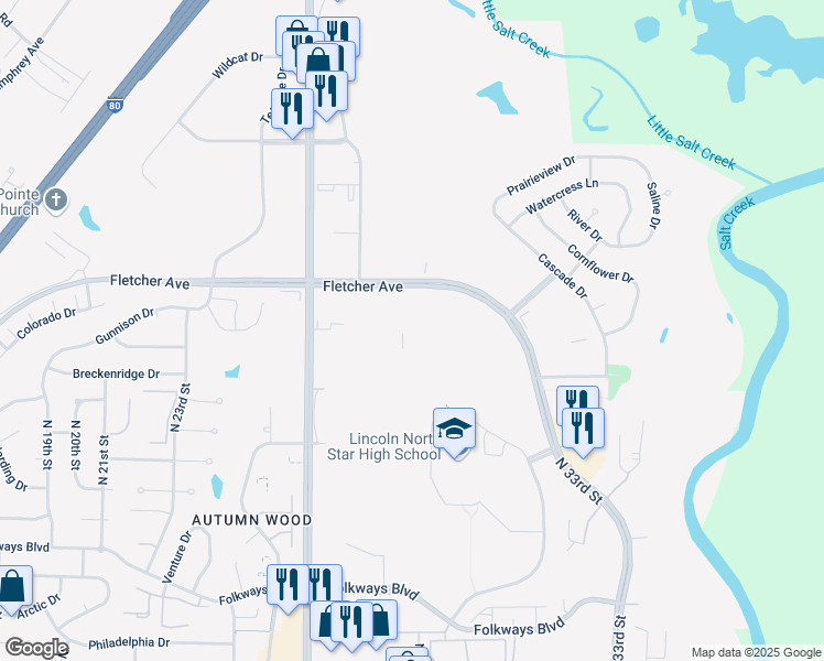 map of restaurants, bars, coffee shops, grocery stores, and more near 2835 Fletcher Avenue in Lincoln