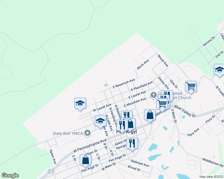map of restaurants, bars, coffee shops, grocery stores, and more near 620 North Robinson Avenue in Pen Argyl