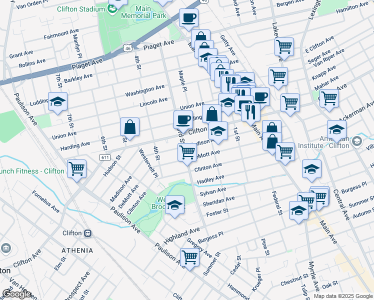 map of restaurants, bars, coffee shops, grocery stores, and more near 185 Madison Avenue in Clifton