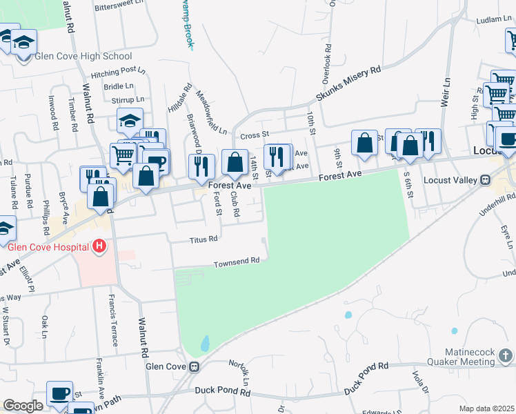 map of restaurants, bars, coffee shops, grocery stores, and more near 5 Nassau Road in Locust Valley