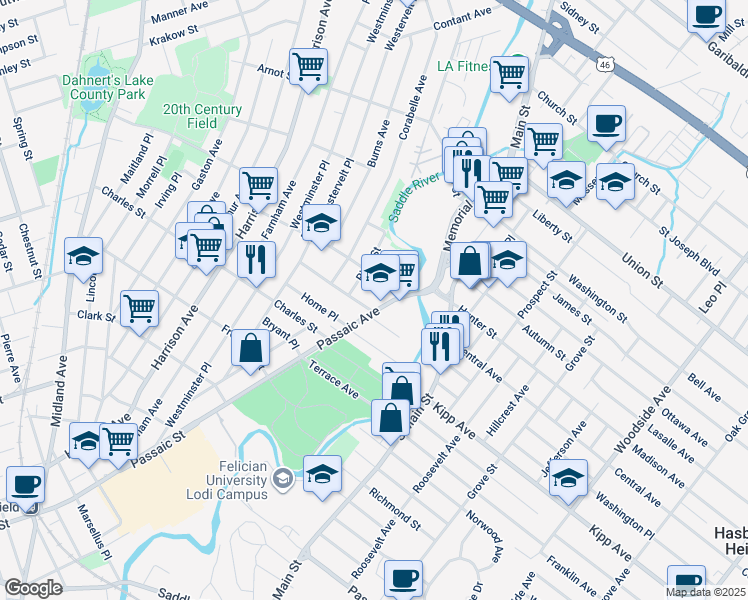 map of restaurants, bars, coffee shops, grocery stores, and more near 435 Passaic Avenue in Lodi