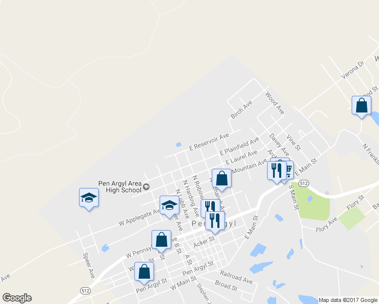 map of restaurants, bars, coffee shops, grocery stores, and more near 620 North Robinson Avenue in Pen Argyl