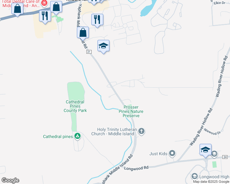 map of restaurants, bars, coffee shops, grocery stores, and more near 106 Yaphank Middle Island Road in Middle Island
