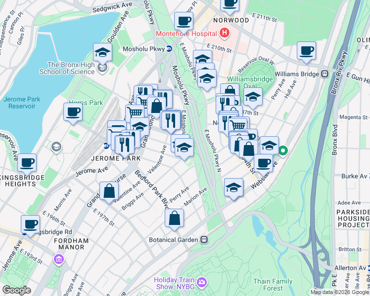 map of restaurants, bars, coffee shops, grocery stores, and more near 265 East 203rd Street in Bronx