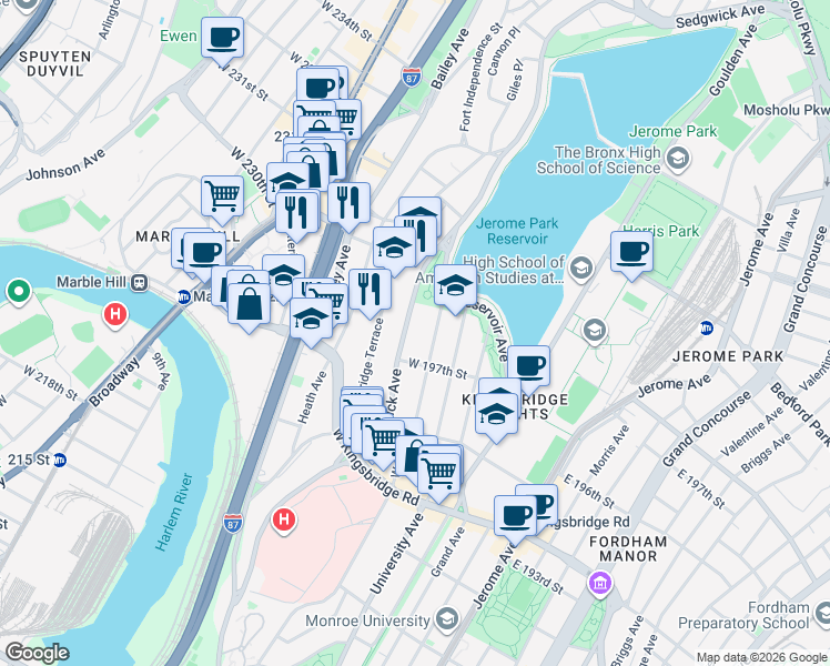 map of restaurants, bars, coffee shops, grocery stores, and more near 2840 Sedgwick Avenue in Bronx