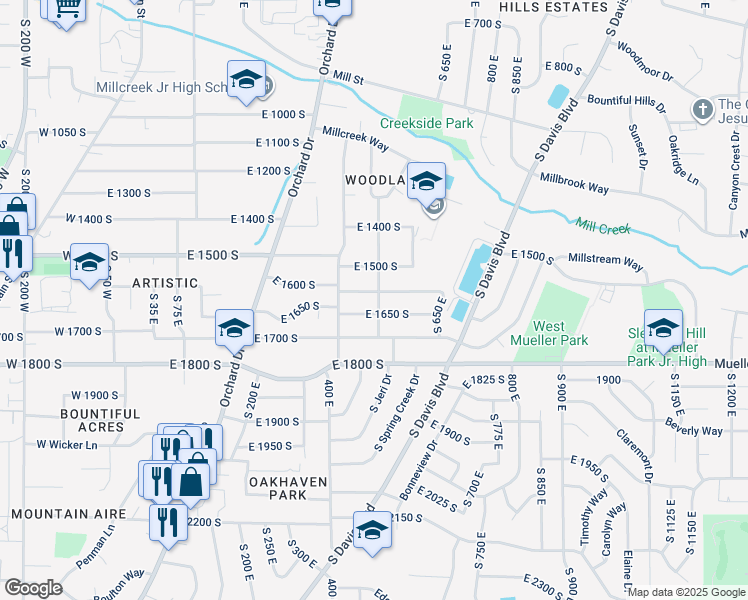 map of restaurants, bars, coffee shops, grocery stores, and more near 542 East 1600 South in Bountiful