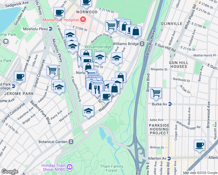 map of restaurants, bars, coffee shops, grocery stores, and more near in The Bronx