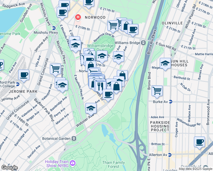 map of restaurants, bars, coffee shops, grocery stores, and more near in The Bronx