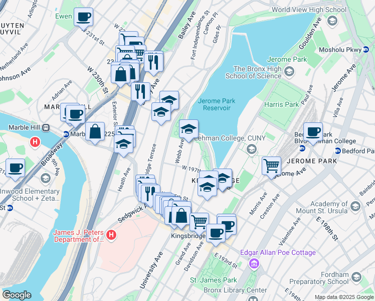 map of restaurants, bars, coffee shops, grocery stores, and more near 2856 Webb Avenue in Bronx
