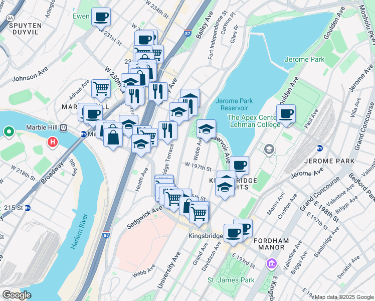 map of restaurants, bars, coffee shops, grocery stores, and more near 2835 Sedgwick Avenue in Bronx