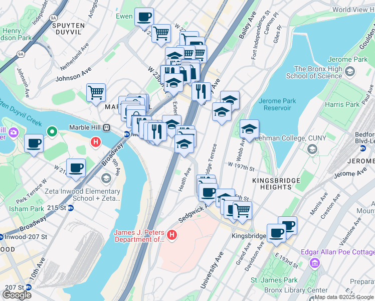 map of restaurants, bars, coffee shops, grocery stores, and more near 2810 Bailey Avenue in Bronx