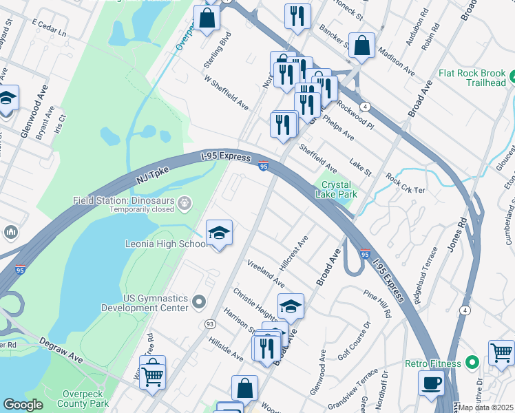 map of restaurants, bars, coffee shops, grocery stores, and more near 624 New Jersey 93 in Leonia