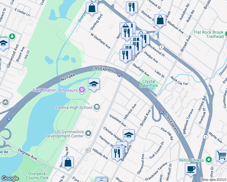map of restaurants, bars, coffee shops, grocery stores, and more near 624 New Jersey 93 in Leonia