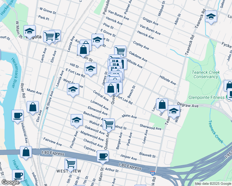 map of restaurants, bars, coffee shops, grocery stores, and more near 290 Hickory Street in Teaneck