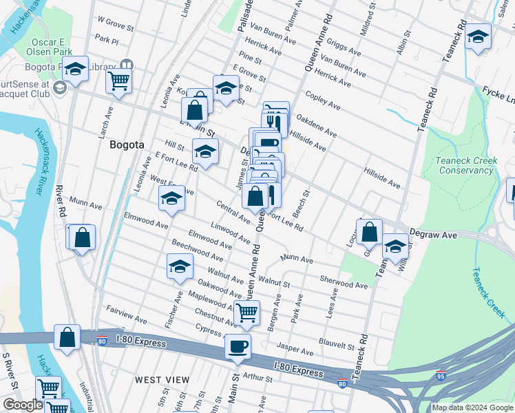 map of restaurants, bars, coffee shops, grocery stores, and more near 98 East Fort Lee Road in Bogota