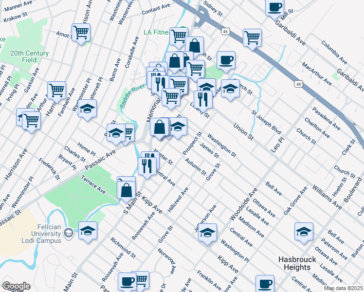 map of restaurants, bars, coffee shops, grocery stores, and more near 46 Spring Street in Lodi