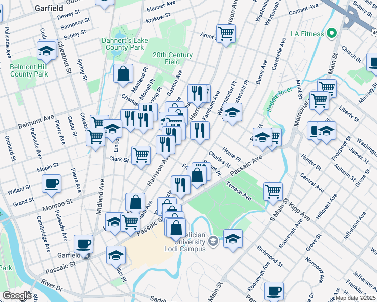 map of restaurants, bars, coffee shops, grocery stores, and more near 186 Farnham Avenue in Lodi Borough