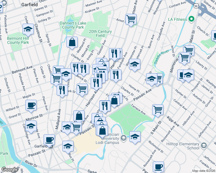 map of restaurants, bars, coffee shops, grocery stores, and more near 186 Farnham Avenue in Lodi Borough