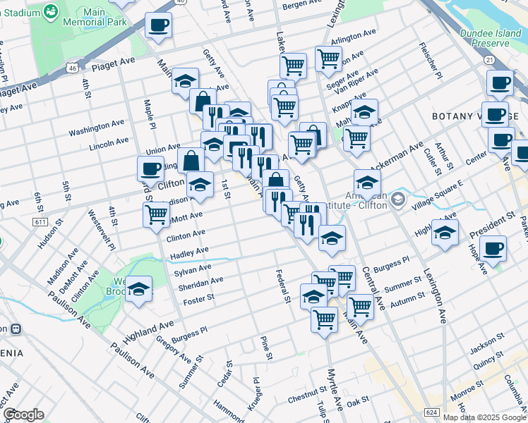 map of restaurants, bars, coffee shops, grocery stores, and more near 19 DeMott Avenue in Clifton