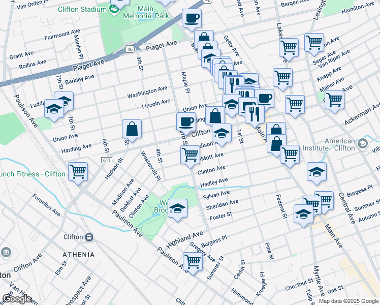 map of restaurants, bars, coffee shops, grocery stores, and more near 185 Madison Avenue in Clifton