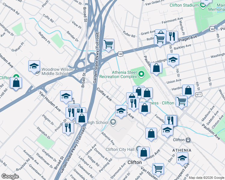 map of restaurants, bars, coffee shops, grocery stores, and more near 36 Barrister Street in Clifton