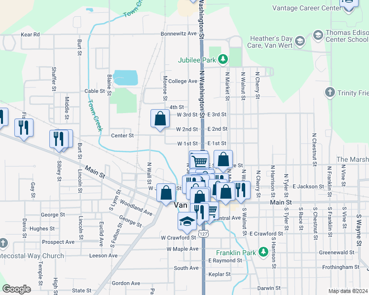 map of restaurants, bars, coffee shops, grocery stores, and more near 220 West 1st Street in Van Wert