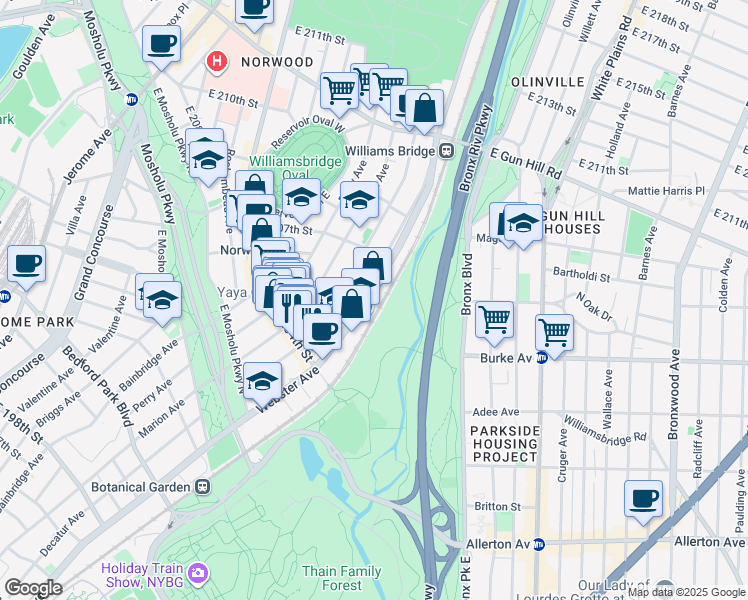 map of restaurants, bars, coffee shops, grocery stores, and more near in The Bronx