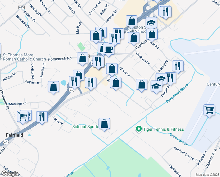 map of restaurants, bars, coffee shops, grocery stores, and more near 12 Kulick Road in Fairfield