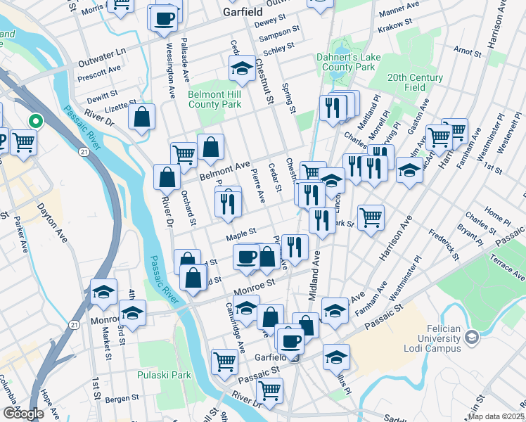 map of restaurants, bars, coffee shops, grocery stores, and more near 143 Pierre Avenue in Garfield