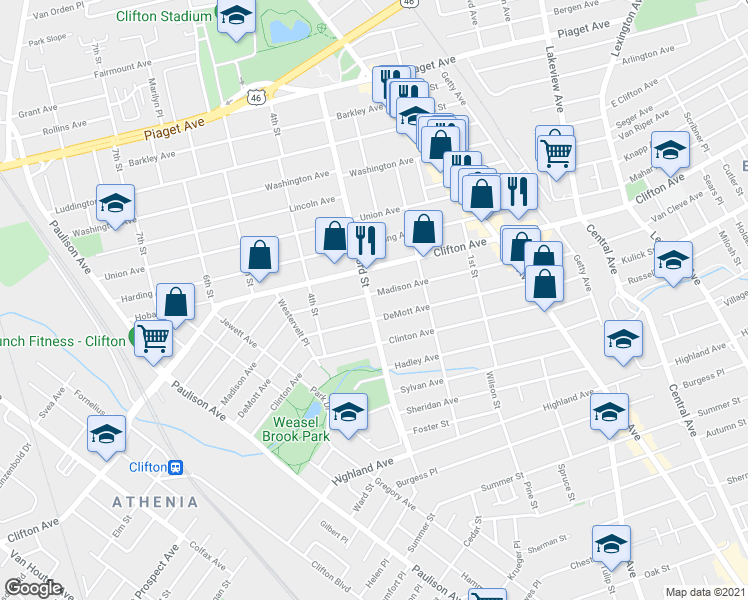 map of restaurants, bars, coffee shops, grocery stores, and more near 185 Madison Avenue in Clifton