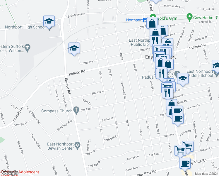 map of restaurants, bars, coffee shops, grocery stores, and more near 502 6th Avenue West in East Northport