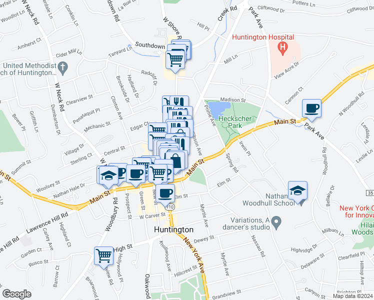 map of restaurants, bars, coffee shops, grocery stores, and more near 50 Stewart Avenue in Huntington