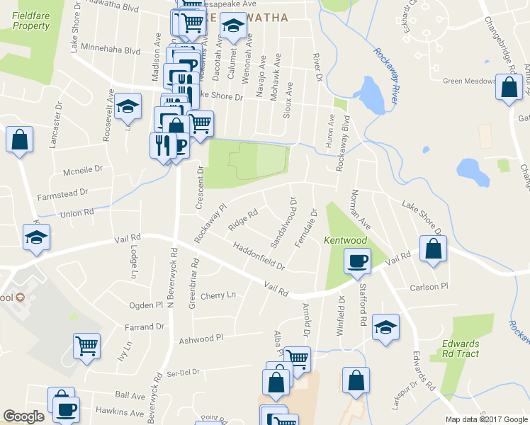 map of restaurants, bars, coffee shops, grocery stores, and more near 17 Ridge Road in Parsippany-Troy Hills