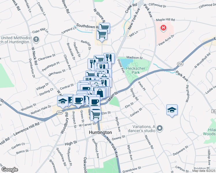 map of restaurants, bars, coffee shops, grocery stores, and more near 57 Stewart Avenue in Huntington
