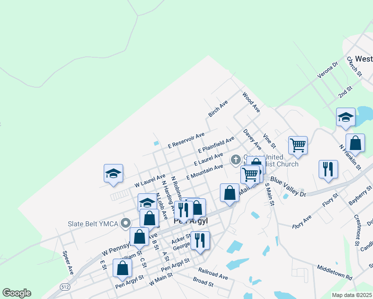 map of restaurants, bars, coffee shops, grocery stores, and more near 115 East Plainfield Avenue in Pen Argyl