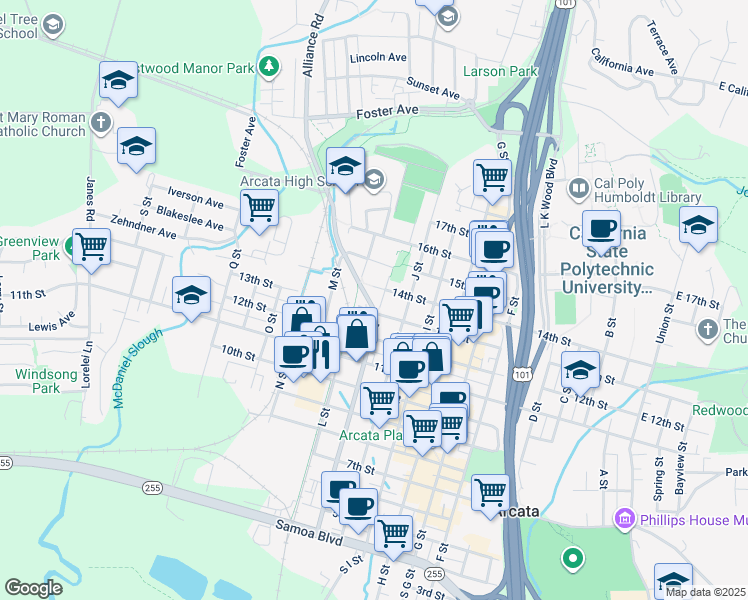 map of restaurants, bars, coffee shops, grocery stores, and more near 1337 K Street in Arcata