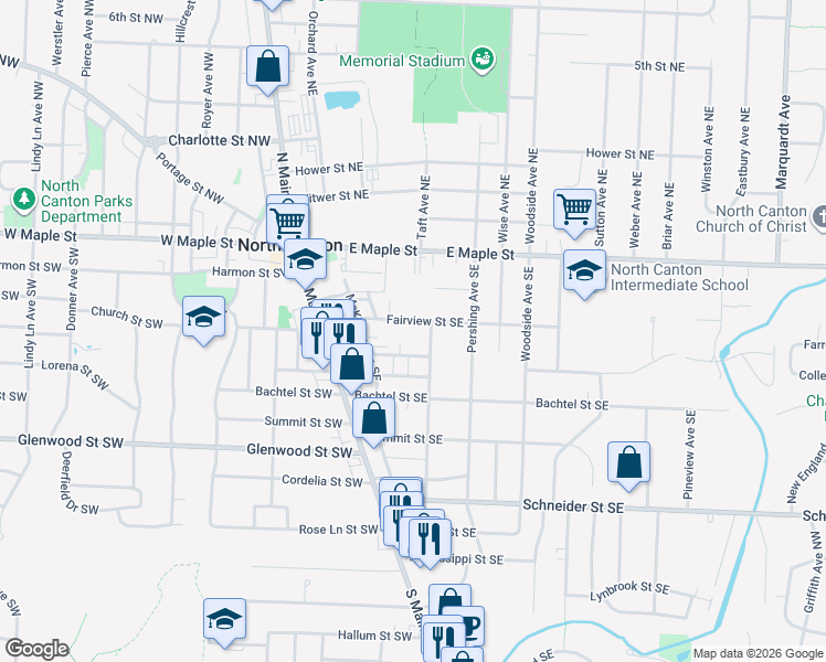 map of restaurants, bars, coffee shops, grocery stores, and more near 328 Fairview Street Southeast in North Canton