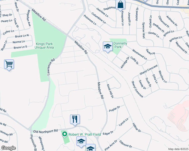 map of restaurants, bars, coffee shops, grocery stores, and more near 430 Meadow Road in Kings Park