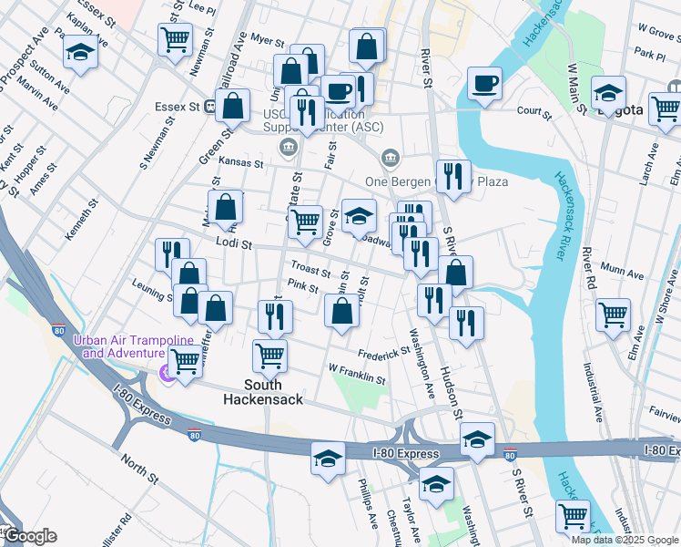 map of restaurants, bars, coffee shops, grocery stores, and more near 74 Troast Street in Hackensack