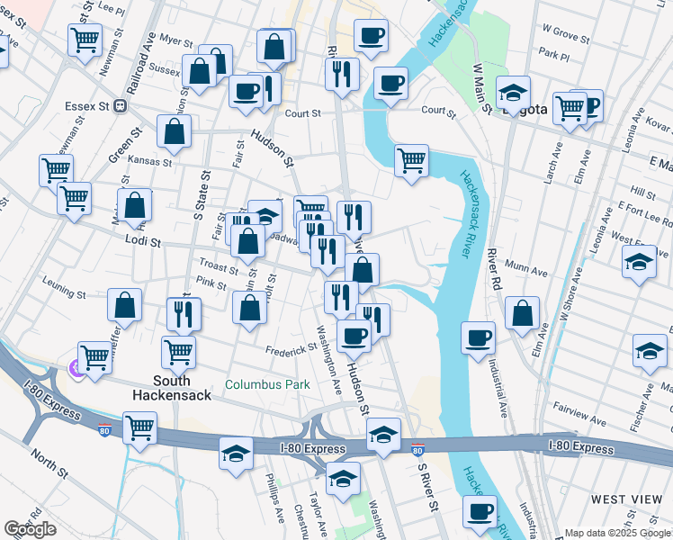 map of restaurants, bars, coffee shops, grocery stores, and more near 4 Marion Street in Hackensack