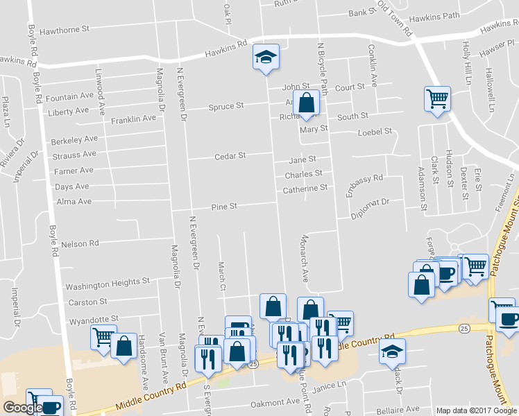 map of restaurants, bars, coffee shops, grocery stores, and more near 8 Pine Street in Selden