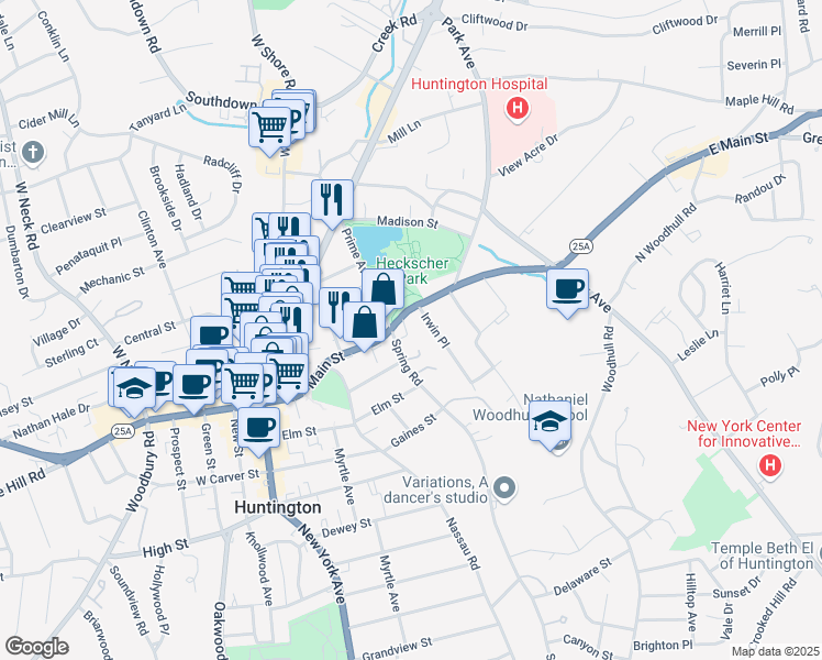 map of restaurants, bars, coffee shops, grocery stores, and more near 124 Main Street in Huntington