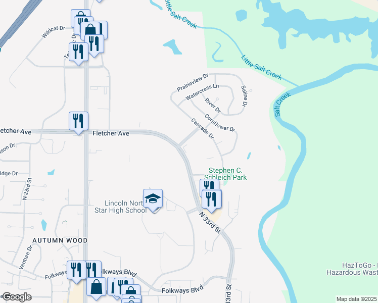 map of restaurants, bars, coffee shops, grocery stores, and more near 6000 Meridian Drive in Lincoln