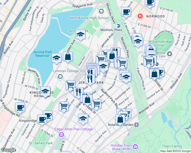 map of restaurants, bars, coffee shops, grocery stores, and more near 3053 Villa Avenue in Bronx