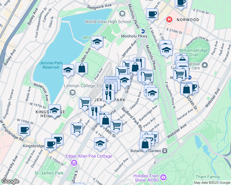 map of restaurants, bars, coffee shops, grocery stores, and more near 3053 Villa Avenue in Bronx