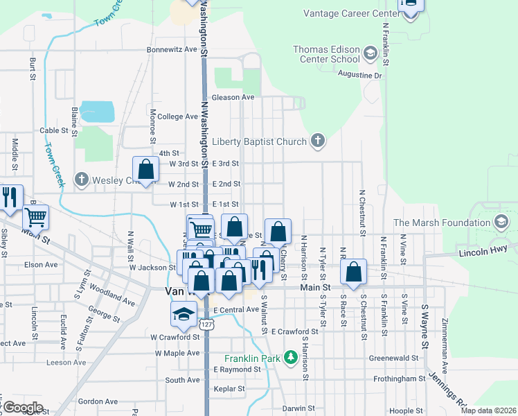 map of restaurants, bars, coffee shops, grocery stores, and more near 308 East 1st Street in Van Wert