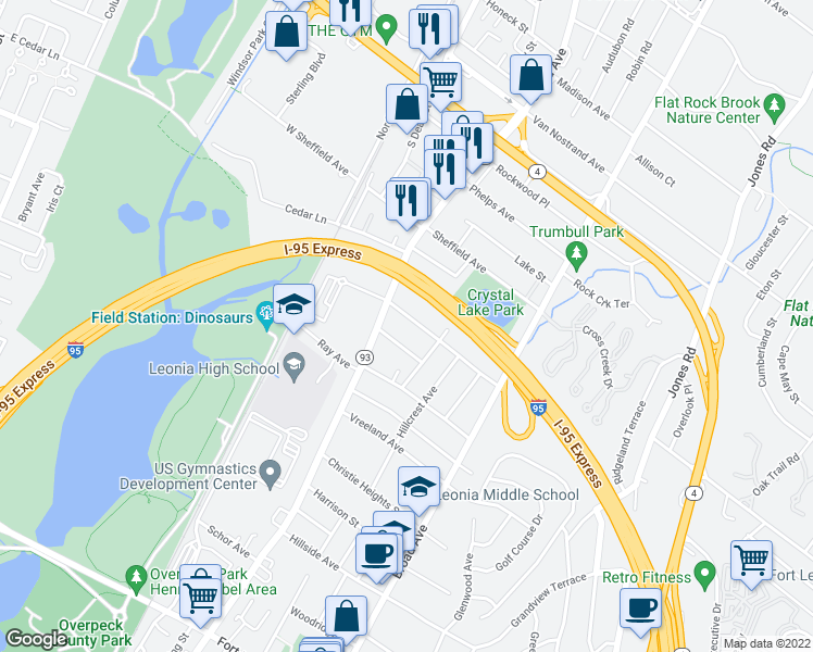 map of restaurants, bars, coffee shops, grocery stores, and more near 128 Lakeview Avenue in Leonia
