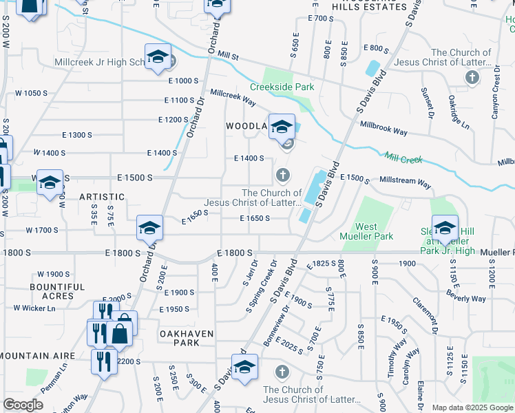 map of restaurants, bars, coffee shops, grocery stores, and more near 542 East 1600 South in Bountiful
