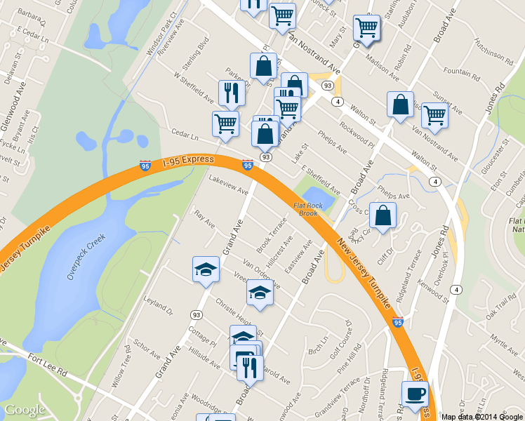 map of restaurants, bars, coffee shops, grocery stores, and more near 128 Lakeview Ave in Leonia