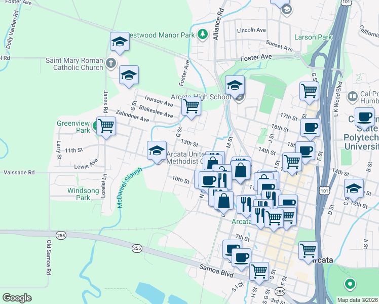 map of restaurants, bars, coffee shops, grocery stores, and more near in Arcata